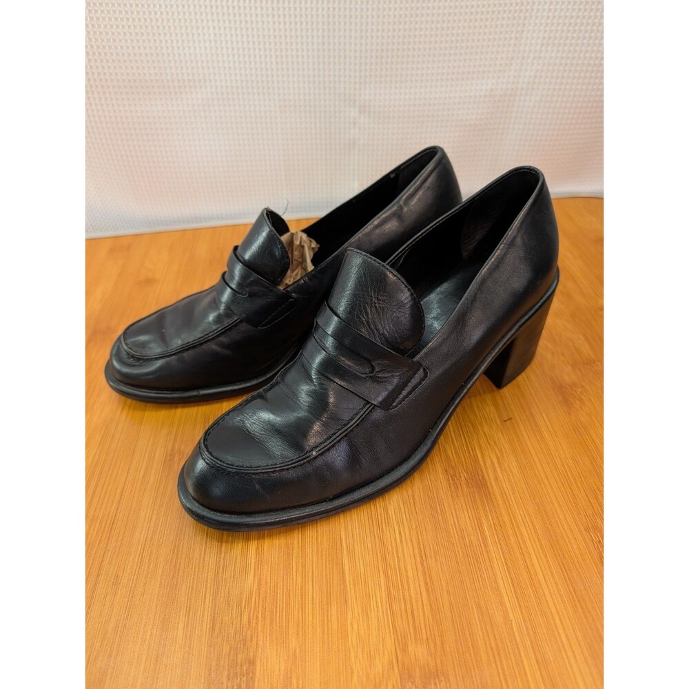 Franco Sarto Flex Womens Penny Loafers Black Block Heels Size 10 Leather (T03)